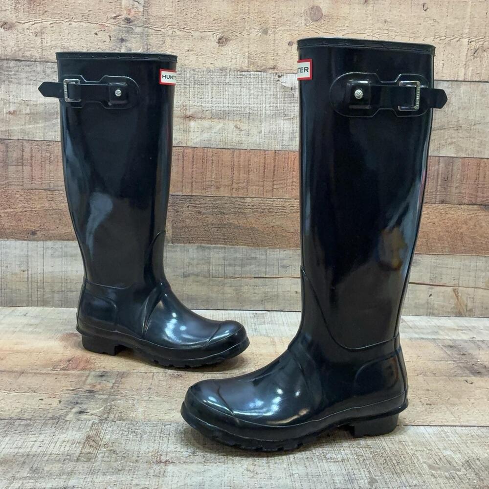 Hunter Rain Boots Womens Size 6 37 Black Rubber Knee High Waterproof Pull On